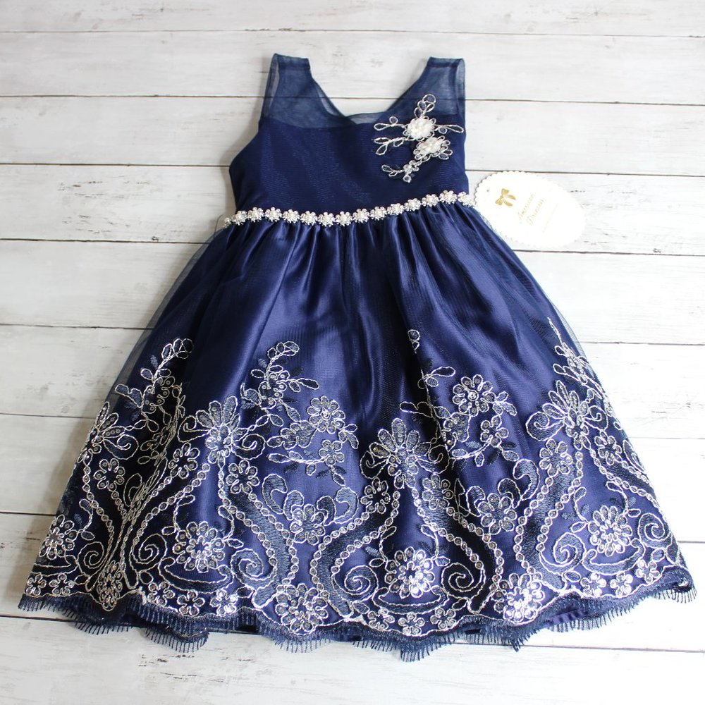 American Princess Girl's Formal Dress Size 4T 4 Navy Blue Silver Beaded